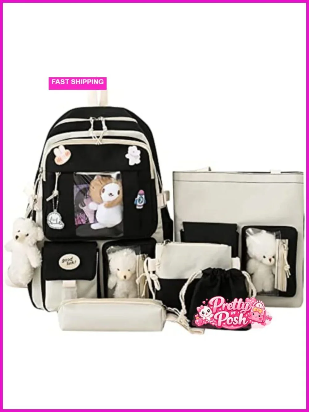 5pcs Kawaii Backpack Set with Shoulder Bag, Pencil Box, Tote Bag, Small Bag